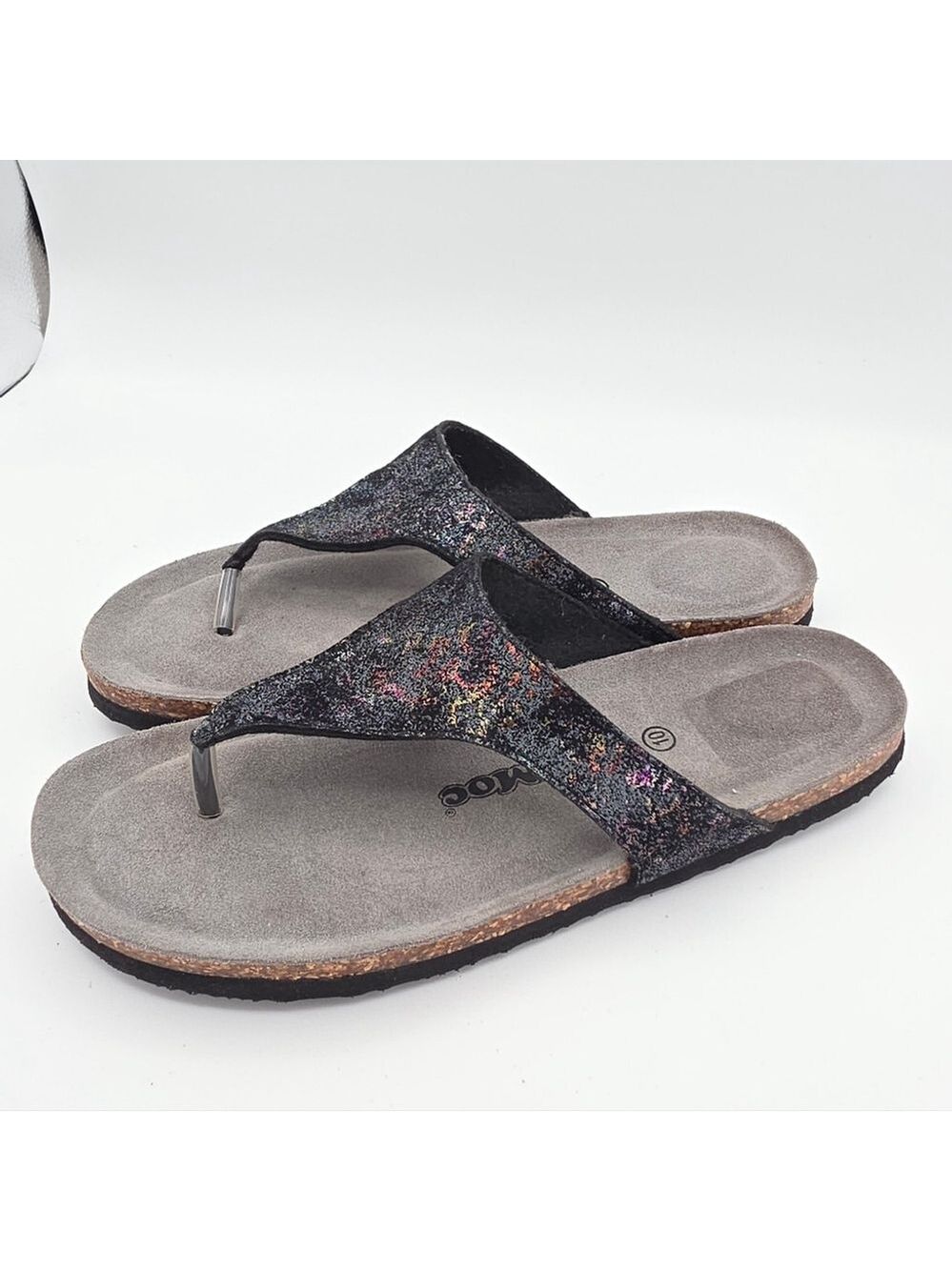 SoftMoc Black Glitter Thong Sandals Size 10 Womens Cork Footbed Comfort Slip On